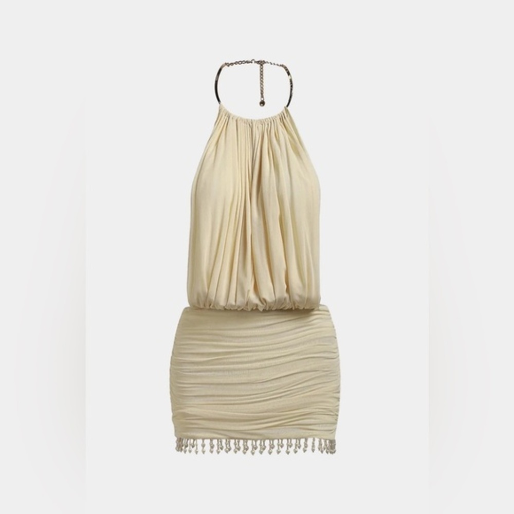 Micas Mesh Halter Neck Pearl Decor Ruched Sleeveless Mini Dress PG2-M-19